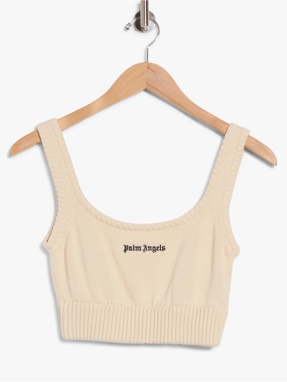 Palm Angels Cream Ribbed Knit Crop Tank with Logo
